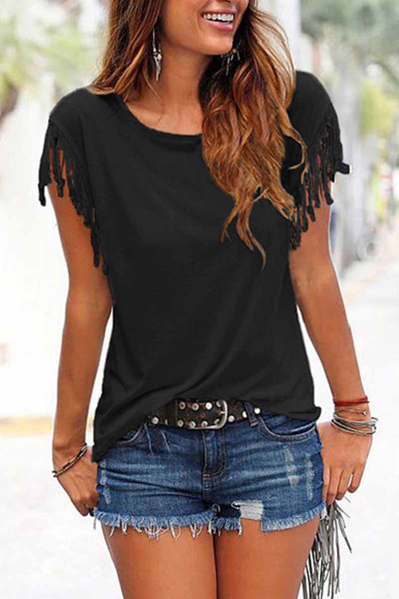Veleaee Short-sleeve Loose Tassel T-shirt(3 Colors)
