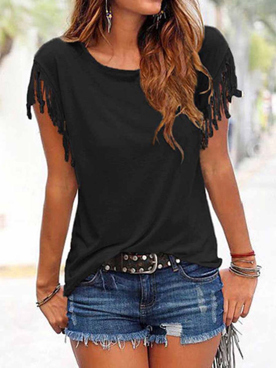 Veleaee Short-sleeve Loose Tassel T-shirt(3 Colors)