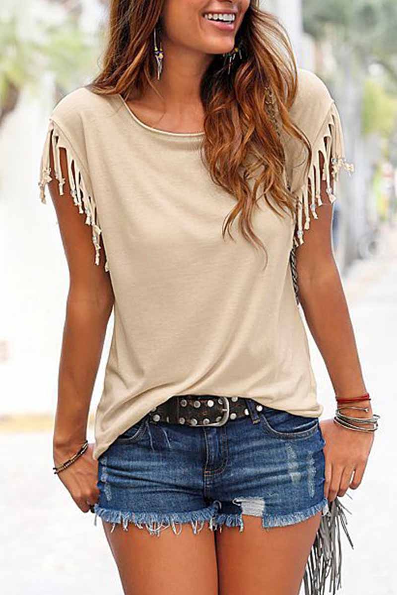 Veleaee Short-sleeve Loose Tassel T-shirt(3 Colors)