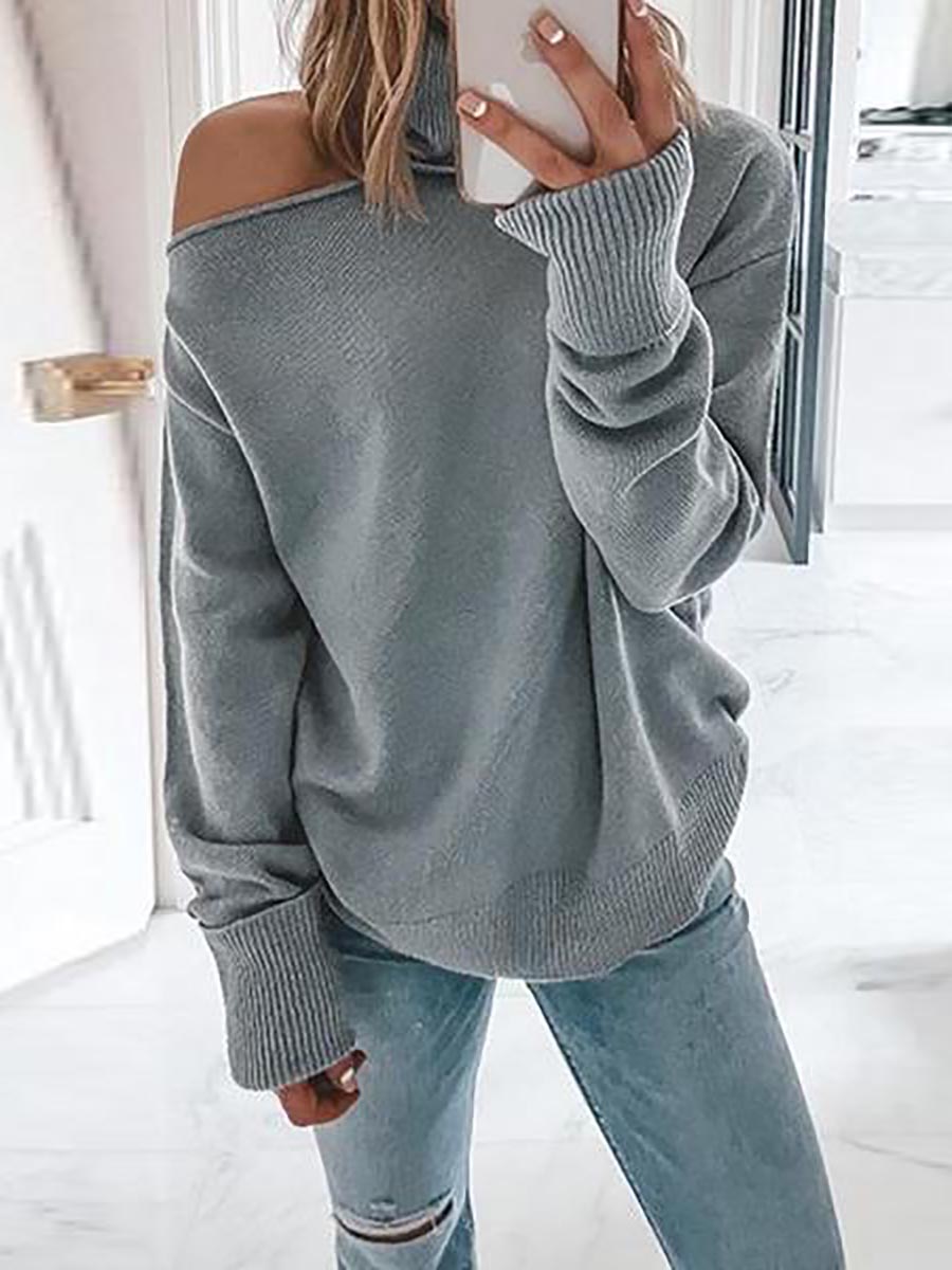 Veleaee Turtleneck Cold Shoulder Solid Knit Pullovers