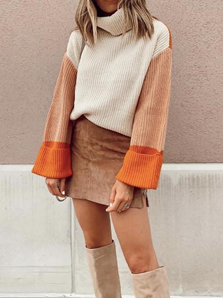 Veleaee Pumpkin Oversized Color Block Sweater