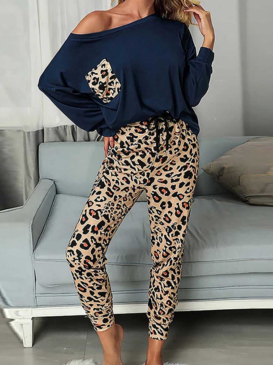Veleaee Leopard Pocket Off-shoulder Two Sets