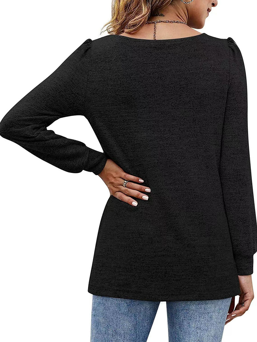 Veleaee Solid Color U-Neck Ruffled Long Sleeve Casual Shirt