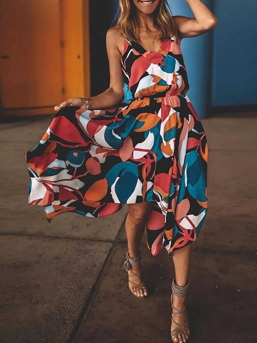 Veleaee Spaghetti Straps Printed Multicolor Midi Dress