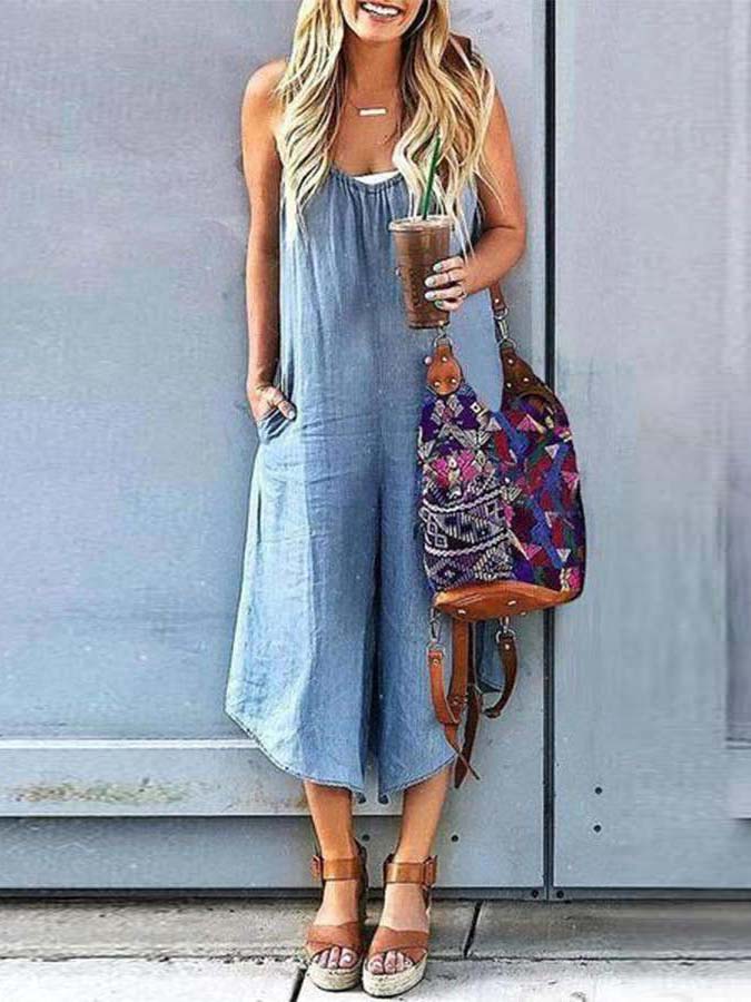 Veleaee Sleeveless V-neck Wide Leg Denim Jumpsuit
