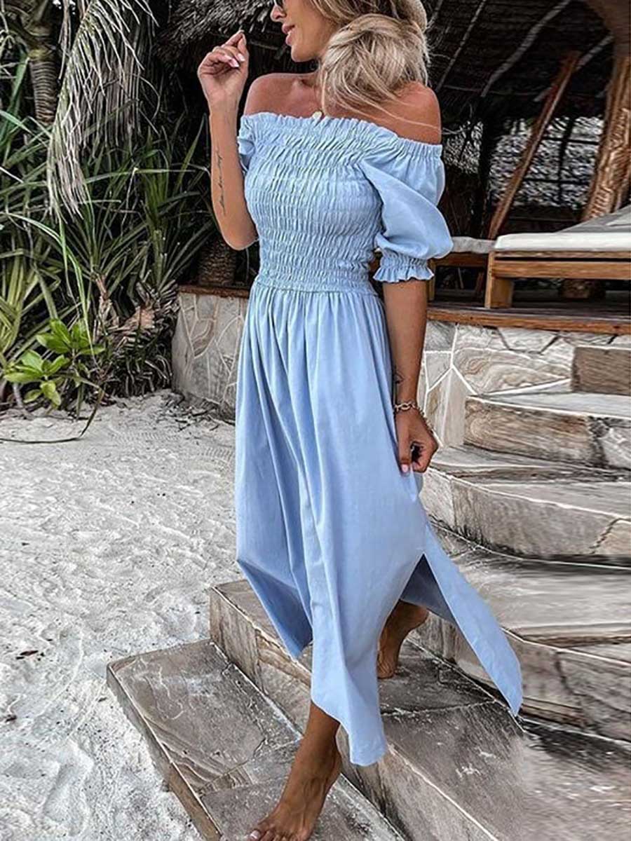 Veleaee Forever After All Smocked Off Shoulder Slit Dress