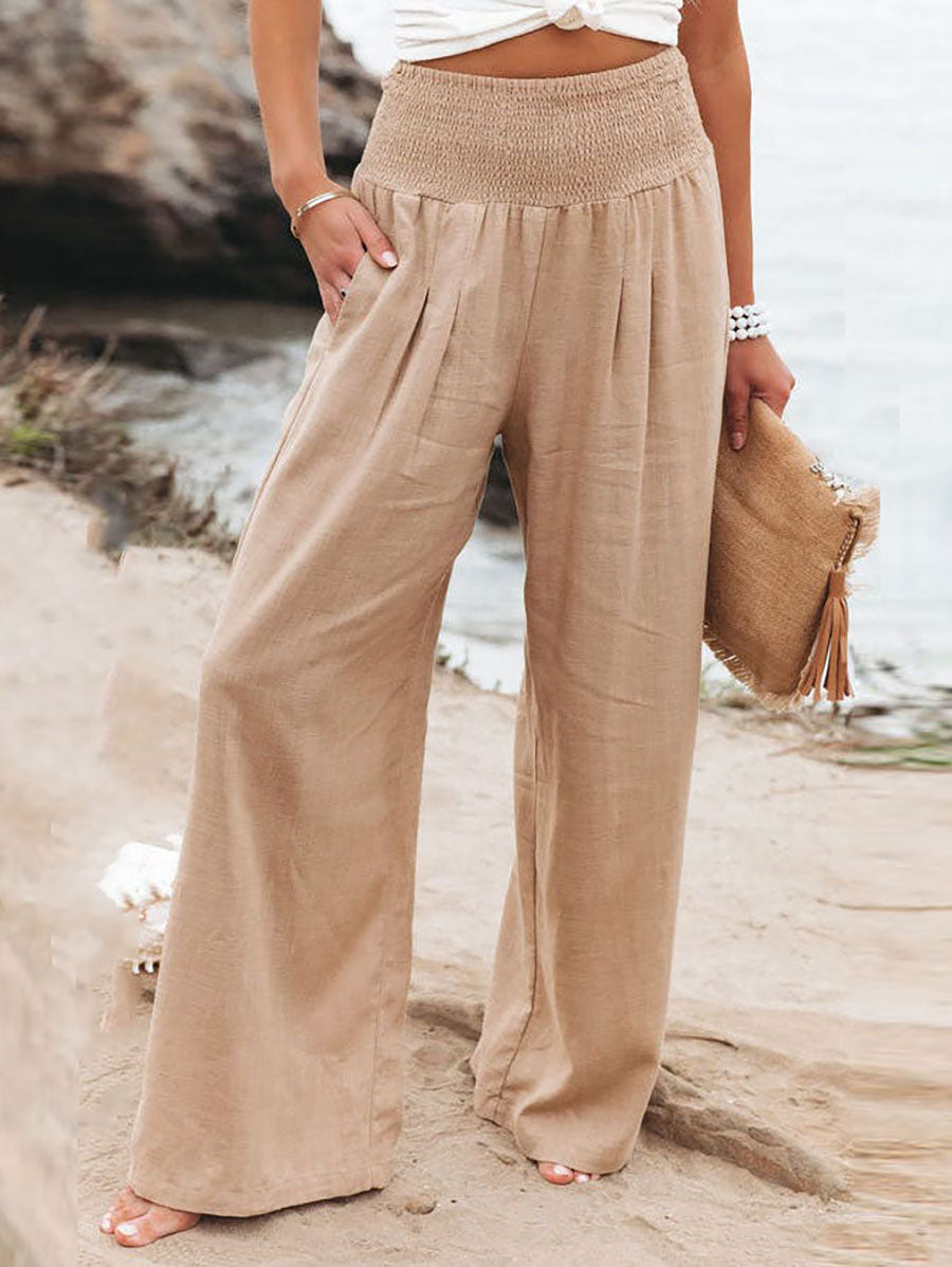 Veleaee Fresh Air Linen Blend Pocketed Smocked Pants(10 Colors)