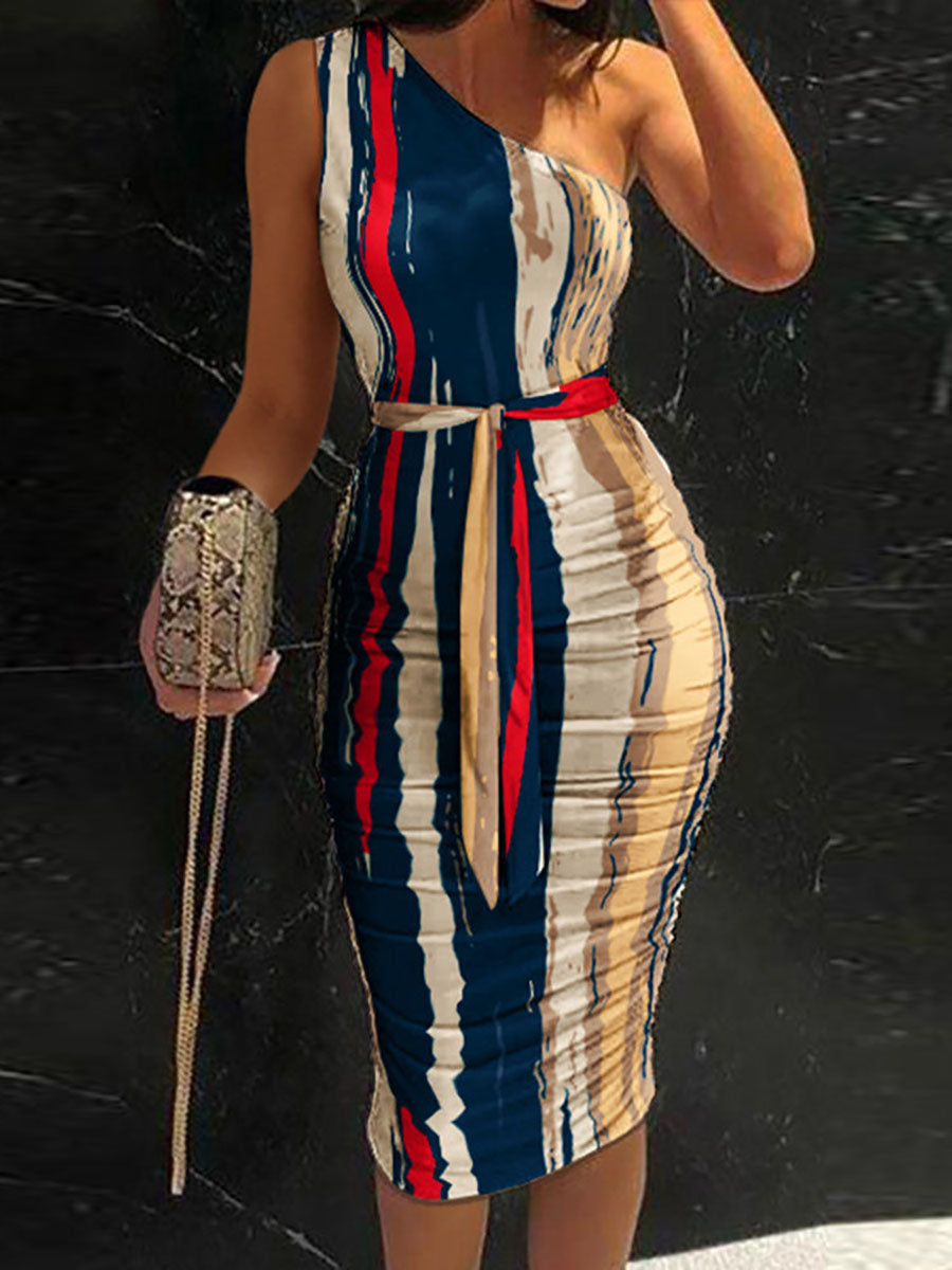 Veleaee Abstract Print One Shoulder Ruched Bodycon Dress