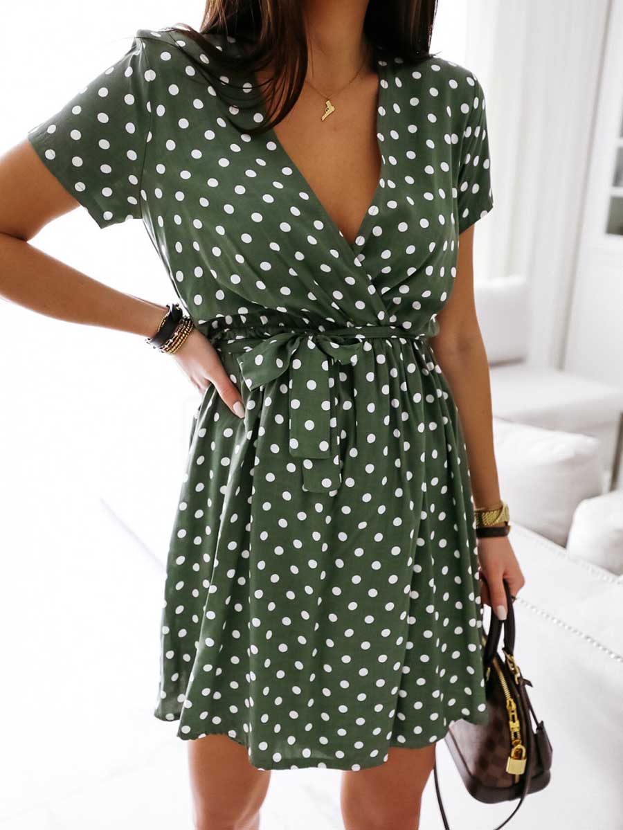 Veleaee Polka Dot V-neck Strappy Dress