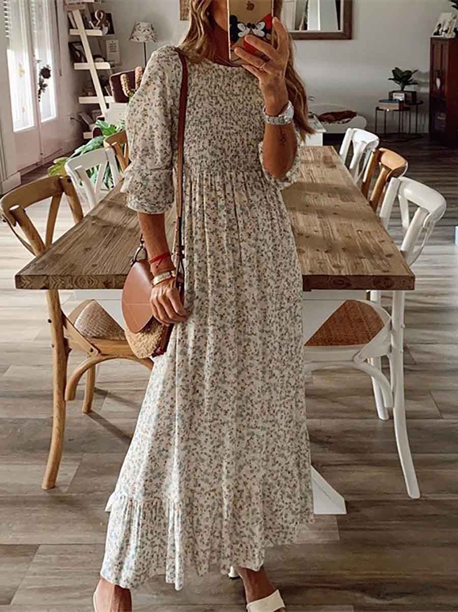 Veleaee Smocked Print Maxi Dress