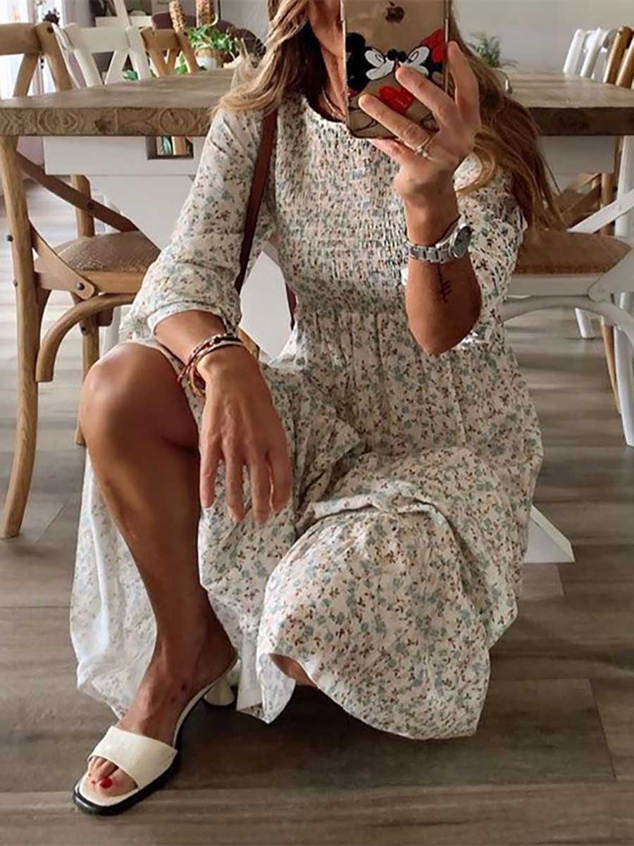 Veleaee Smocked Print Maxi Dress