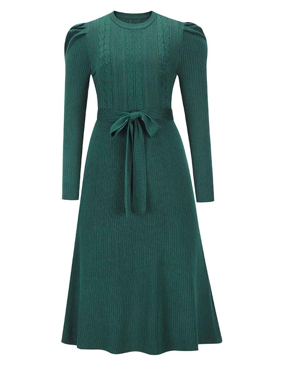 Veleaee Bubble Sleeve Belt Knit Dress (5 colors)