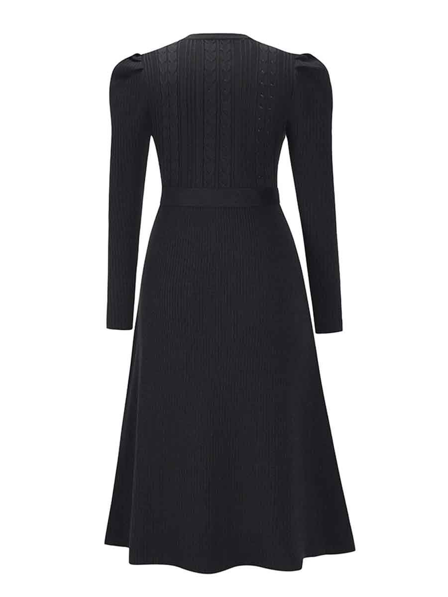 Veleaee Bubble Sleeve Belt Knit Dress (5 colors)