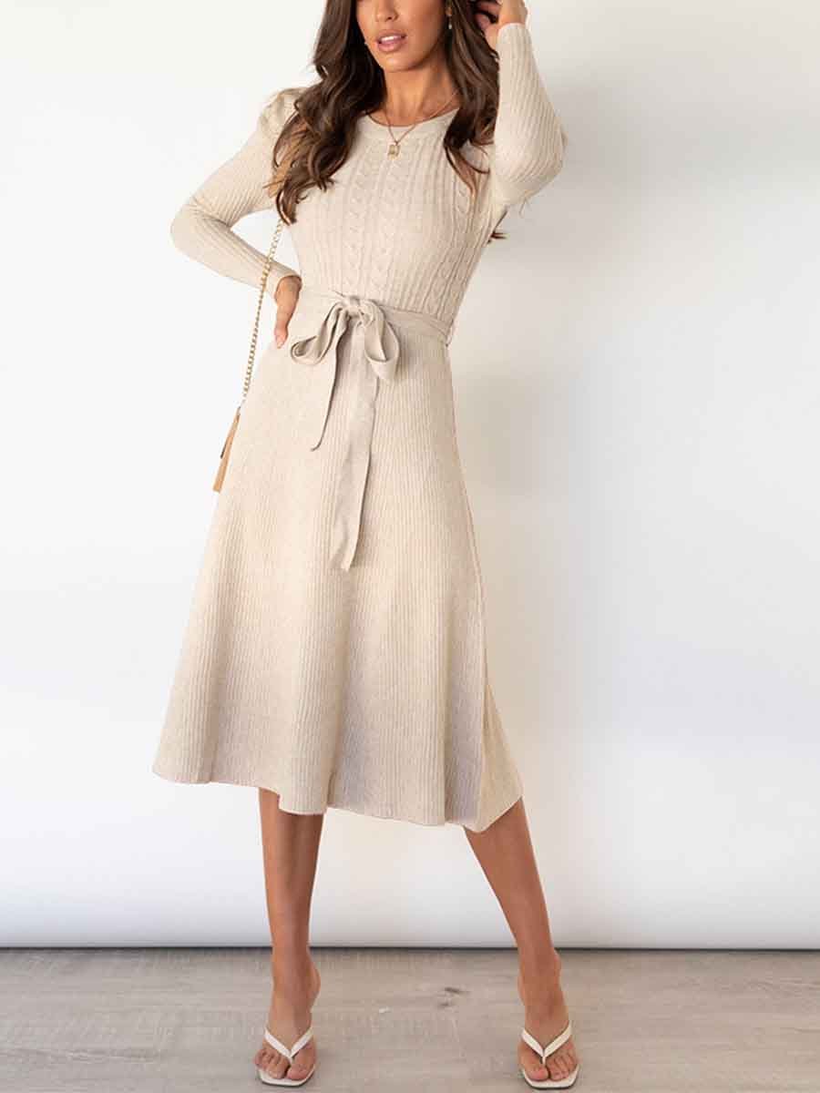 Veleaee Bubble Sleeve Belt Knit Dress (5 colors)