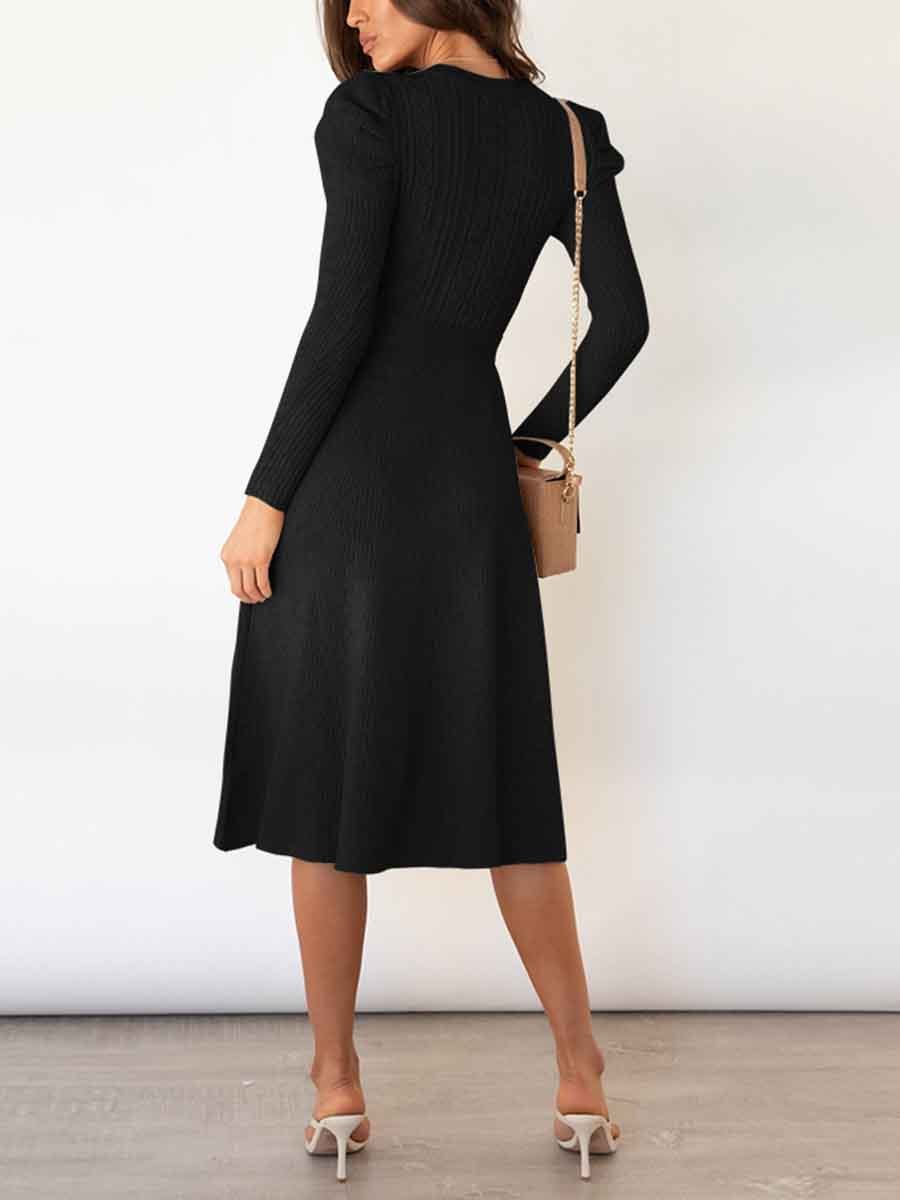Veleaee Bubble Sleeve Belt Knit Dress (5 colors)