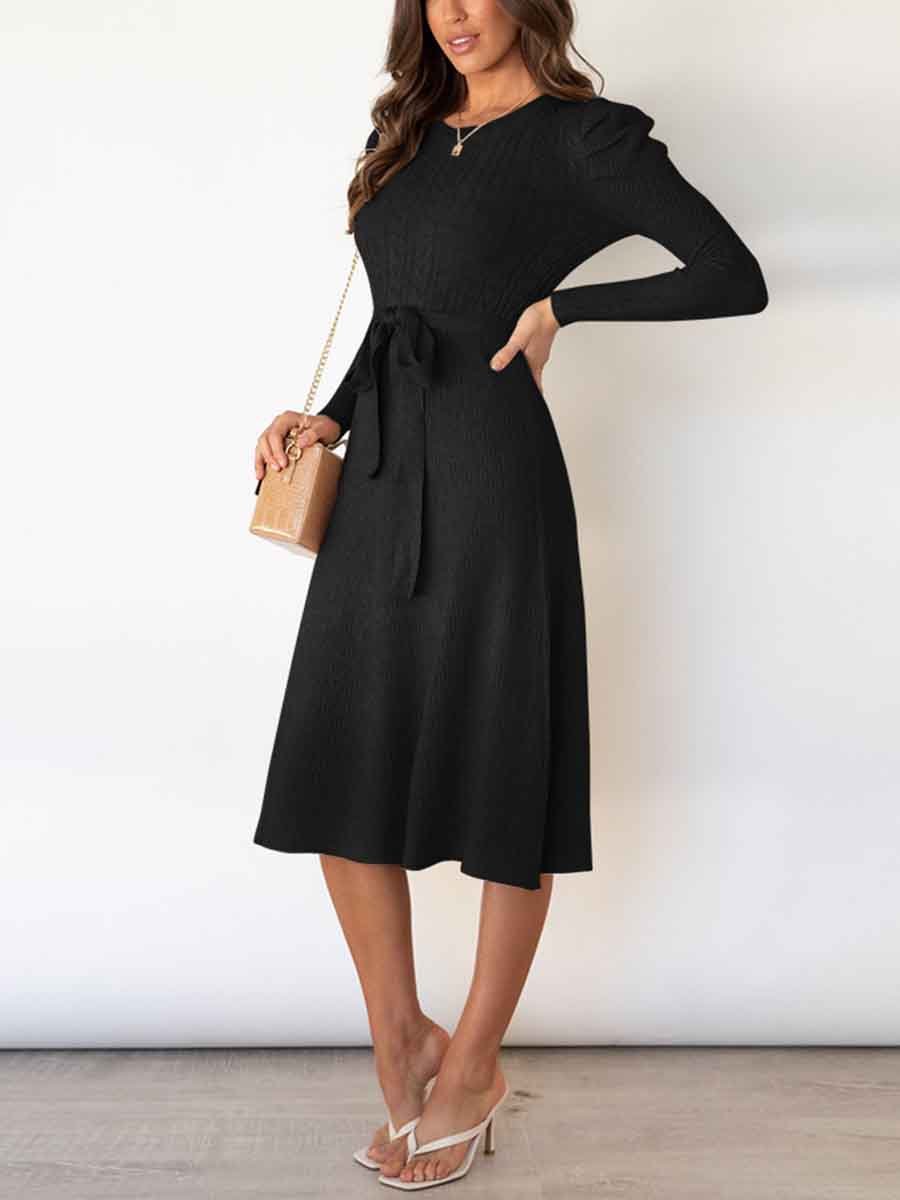 Veleaee Bubble Sleeve Belt Knit Dress (5 colors)