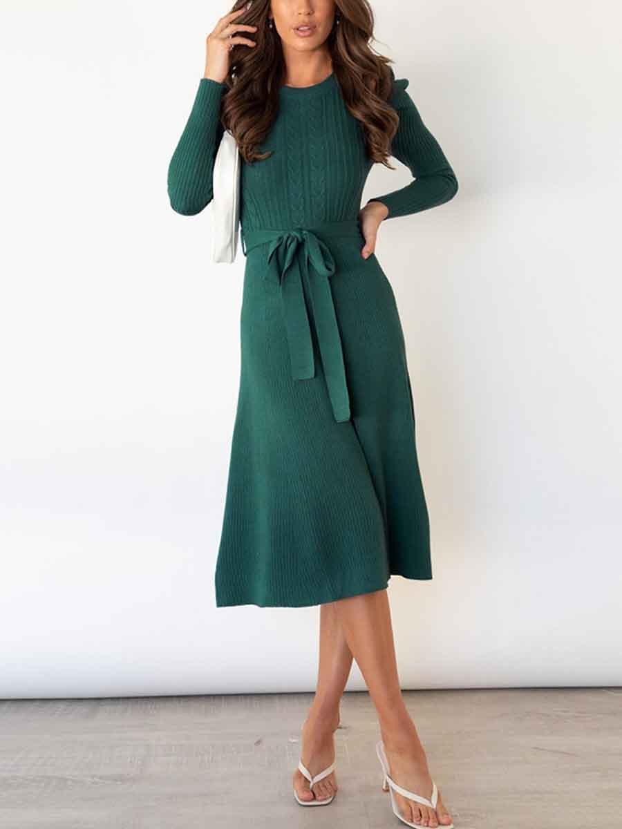 Veleaee Bubble Sleeve Belt Knit Dress (5 colors)