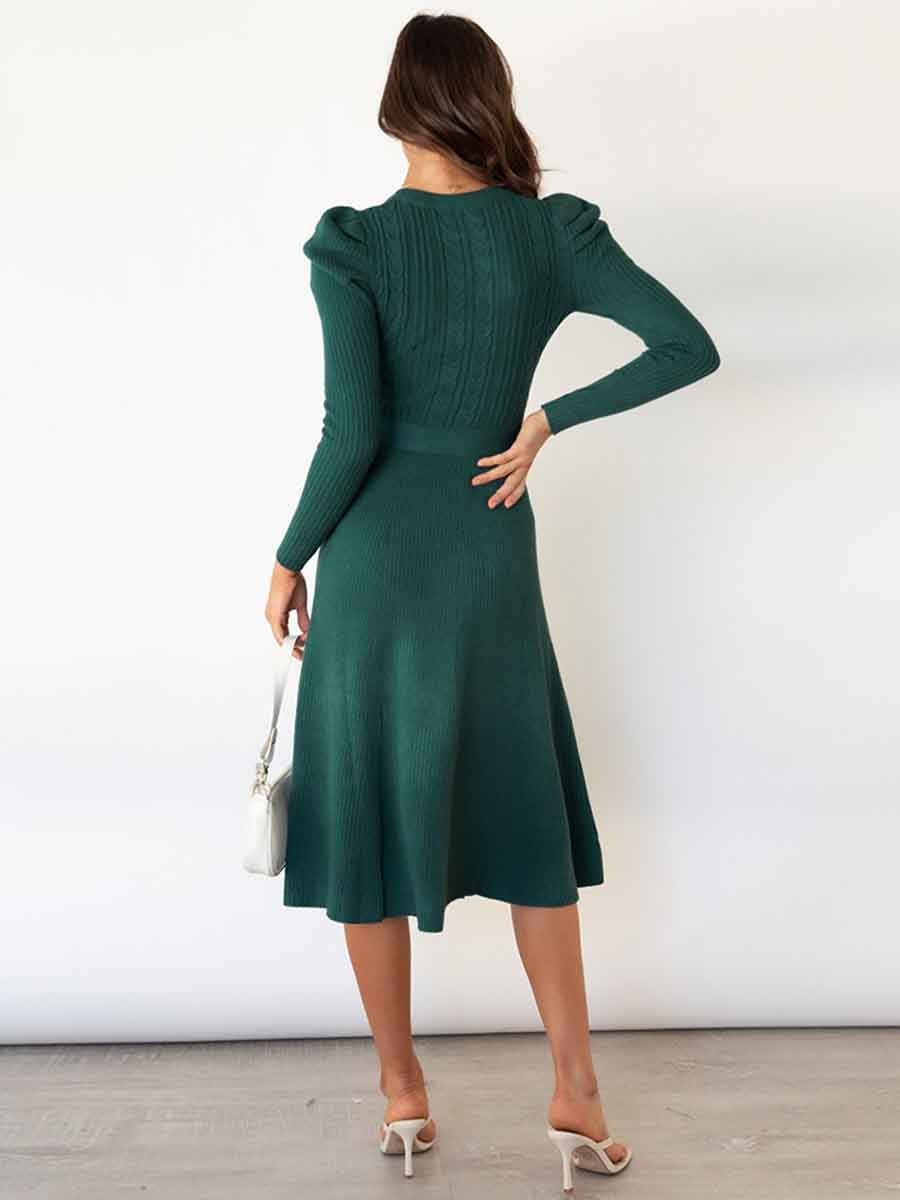 Veleaee Bubble Sleeve Belt Knit Dress (5 colors)