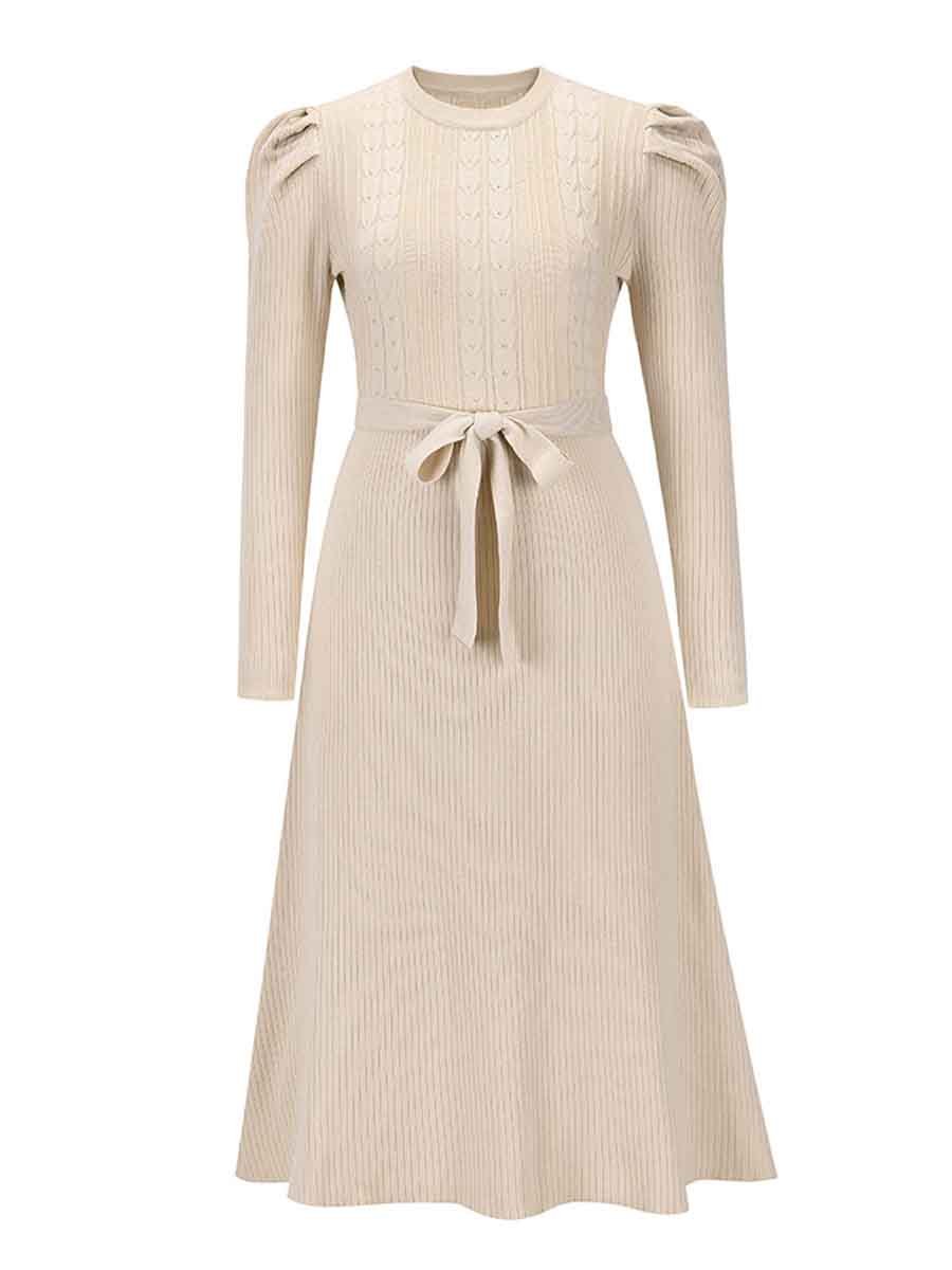 Veleaee Bubble Sleeve Belt Knit Dress (5 colors)