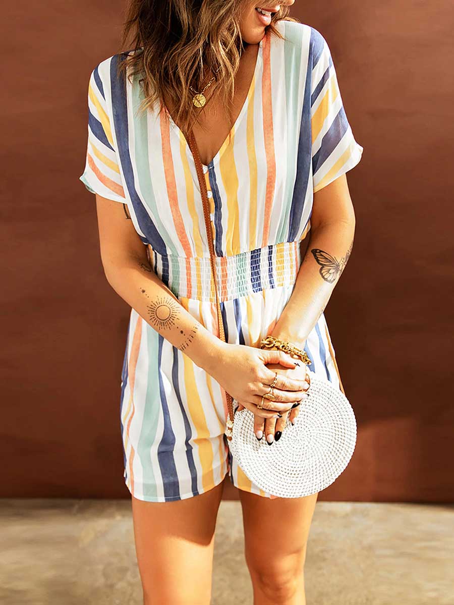 Veleaee Elastic Waist Striped Print V-Neck Jumpsuit