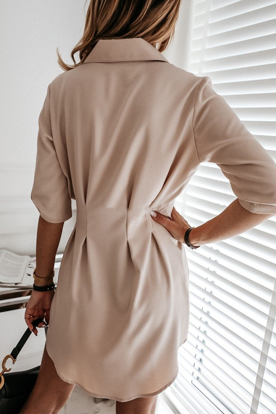 Veleaee Solid Color Shirt Collar Mini Dreess