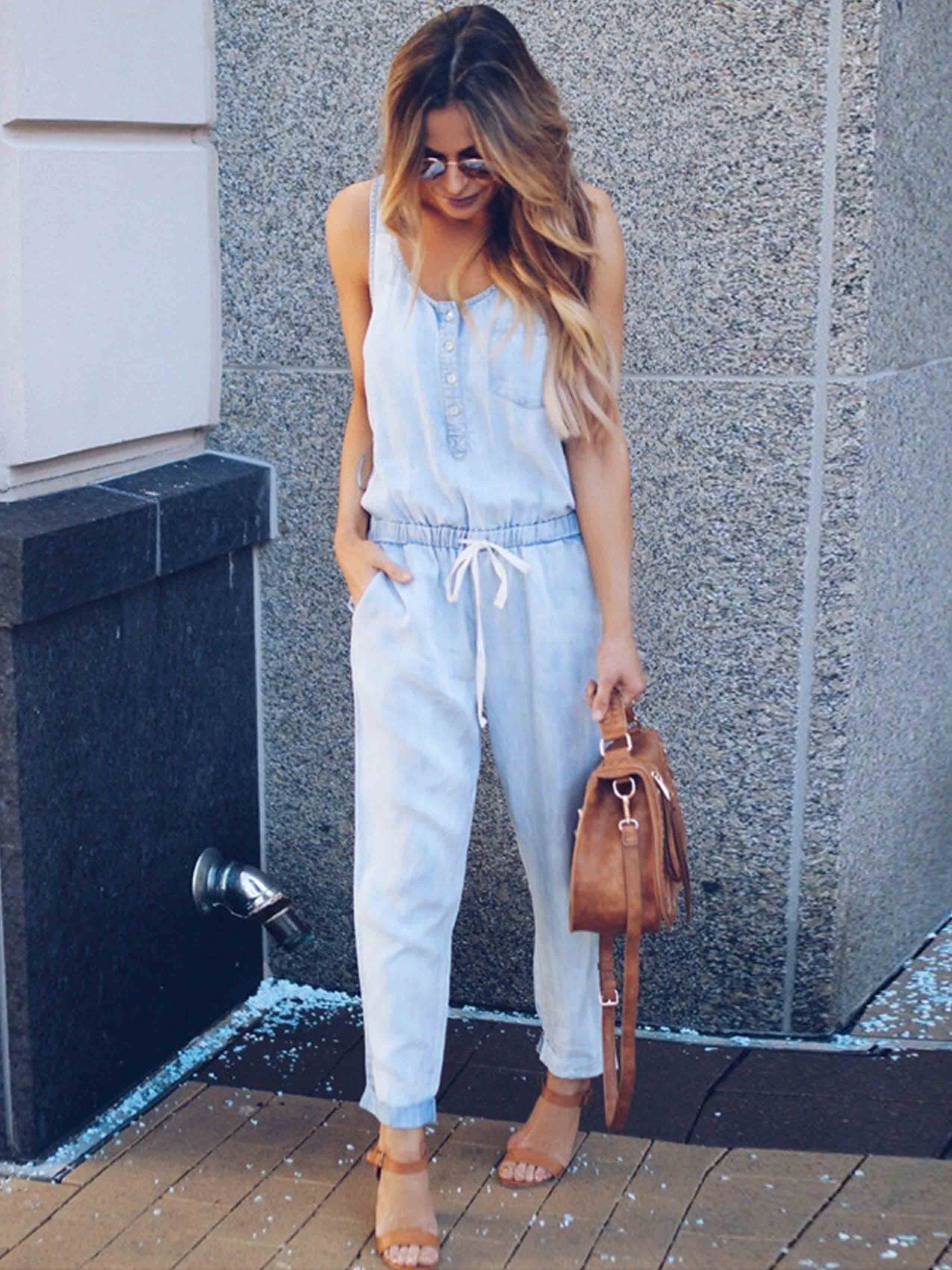 Veleaee Casual Vest Denim Jumpsuit
