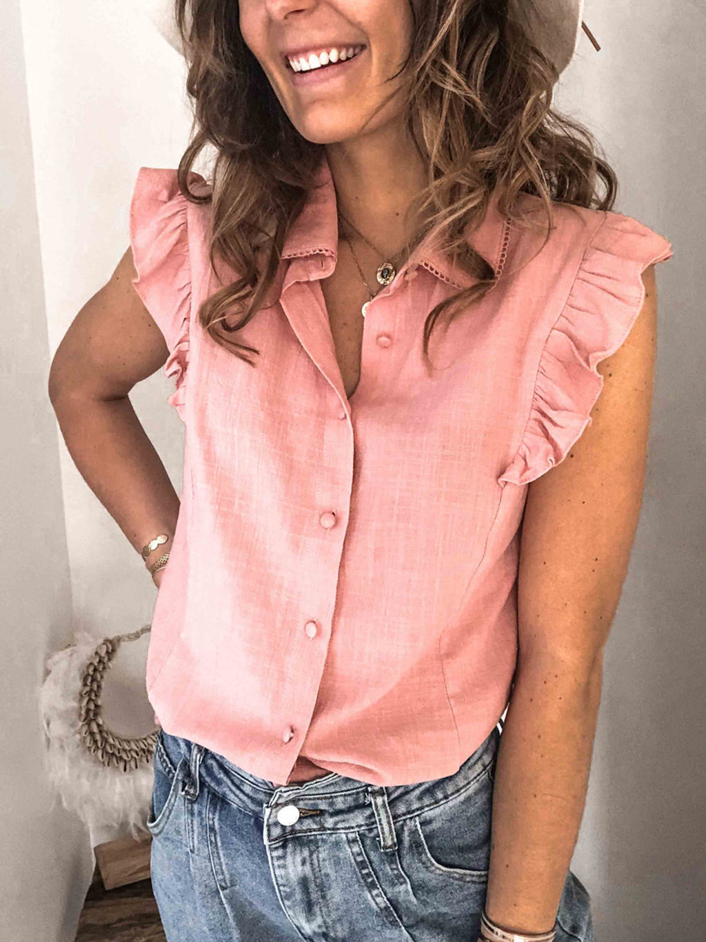 Veleaee Lapel Button Ruffled Shirt