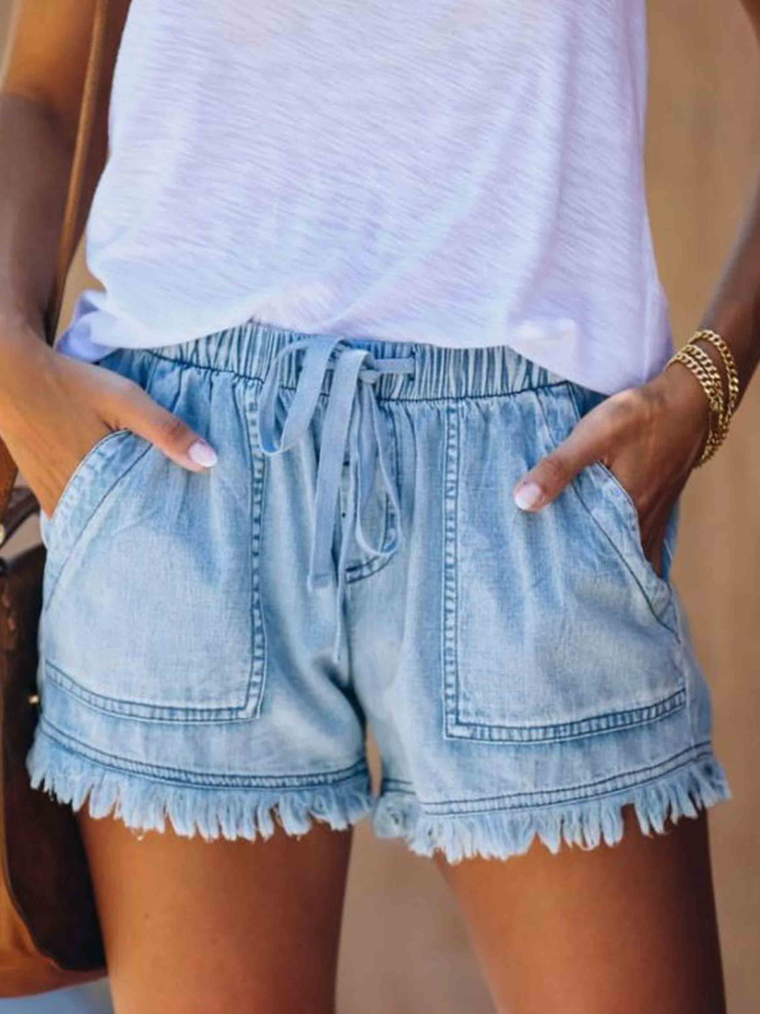 Veleaee Adjustable Tassel Pocket Shorts