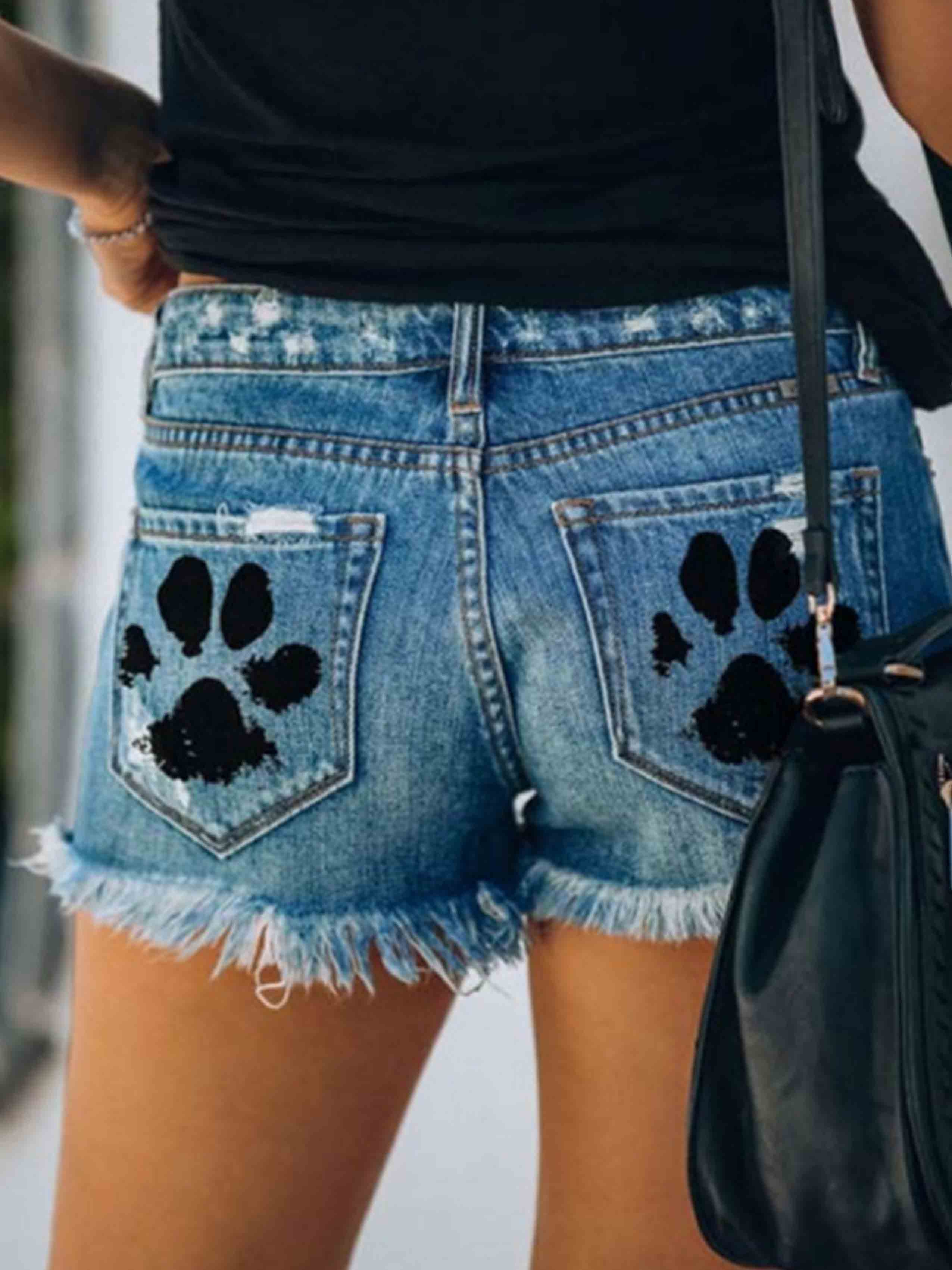 Veleaee Ripped Print Denim Shorts