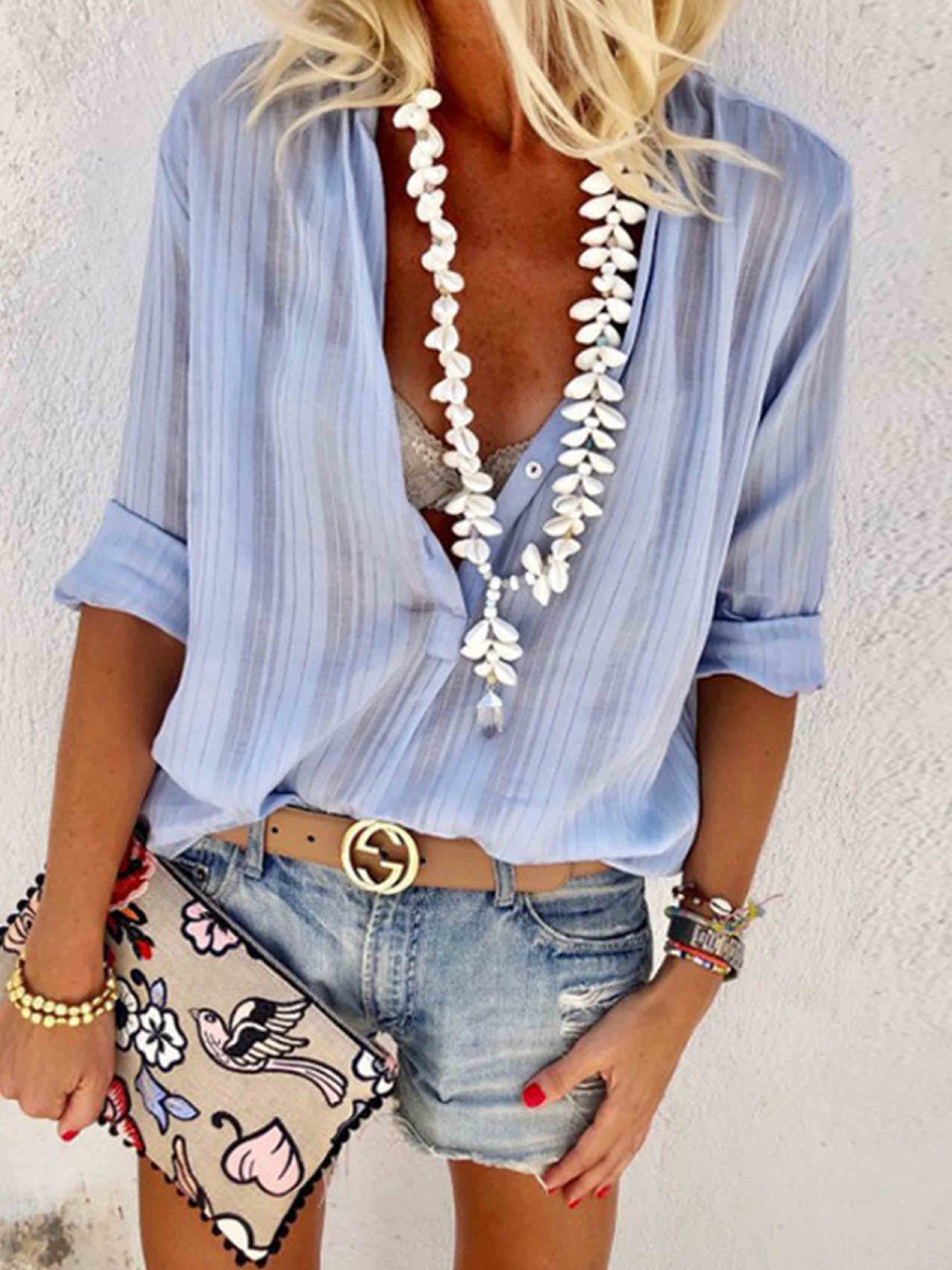 Veleaee Casual V Neck Button Blouse Tops