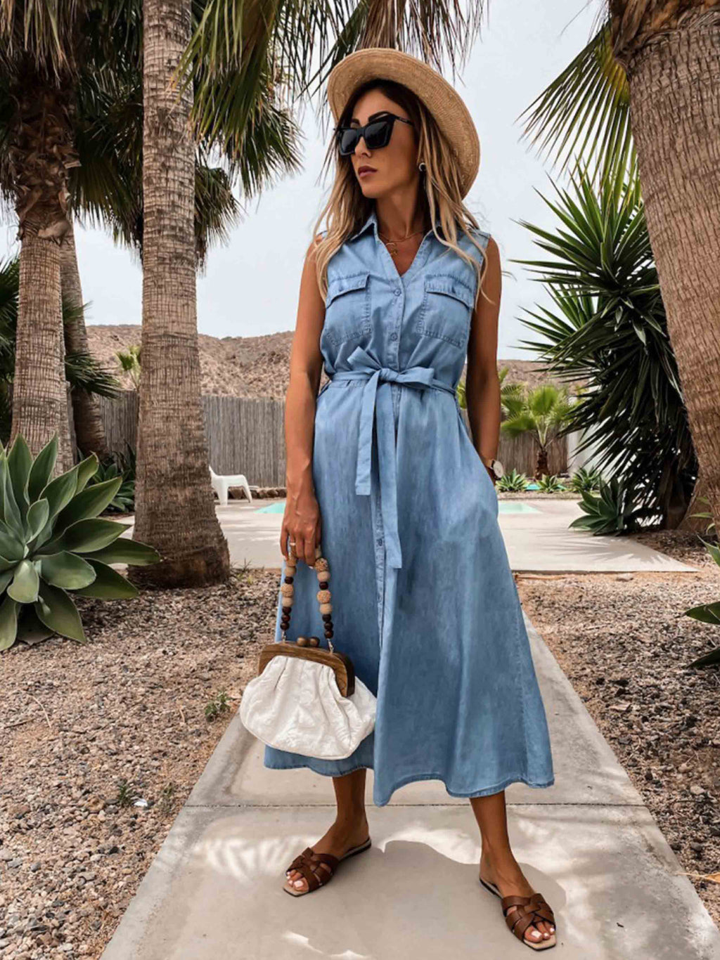 Veleaee Single-Breasted Denim Dress With Belt