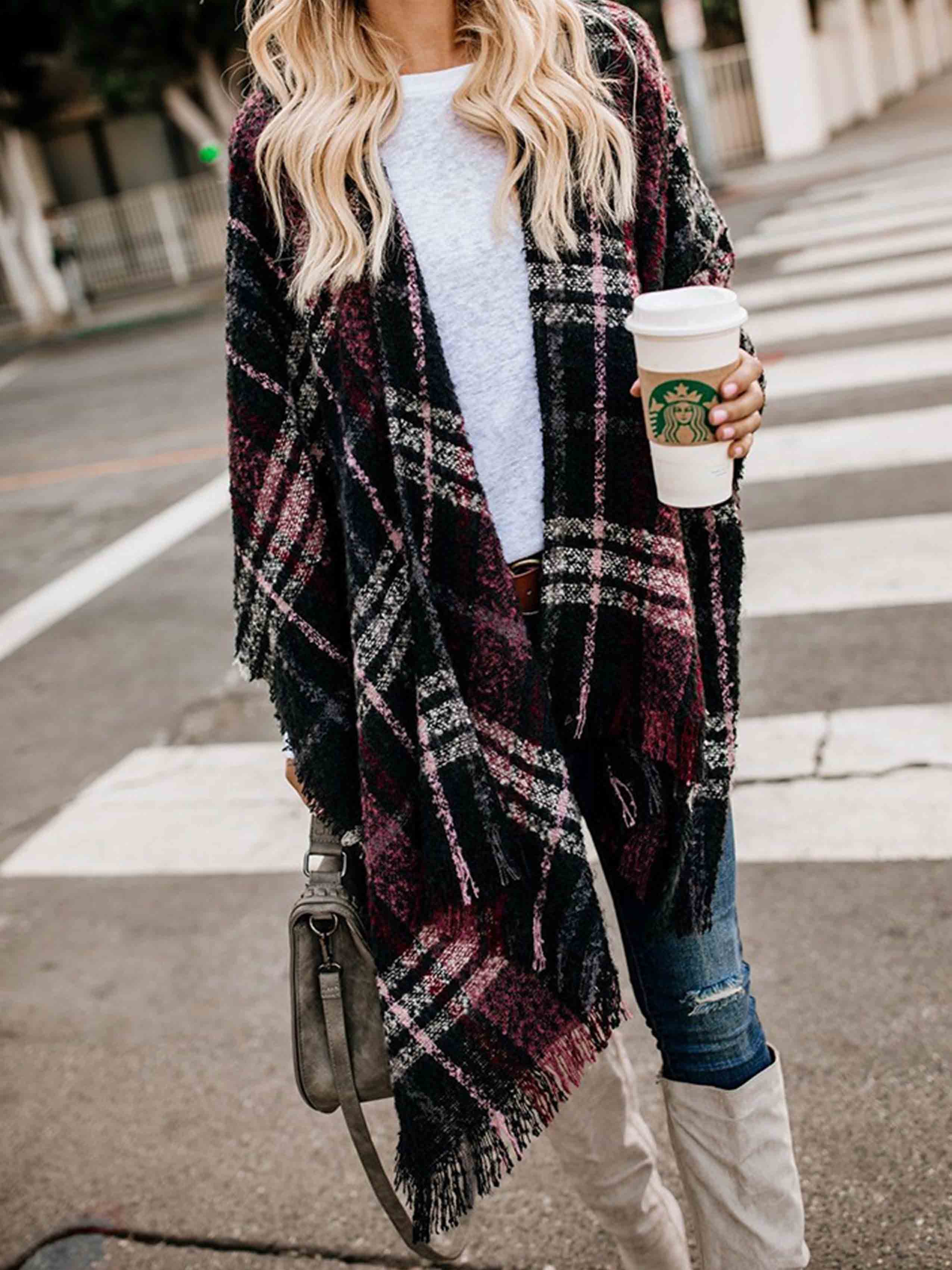 Veleaee Plaid Fringed Knit Shawl Coat