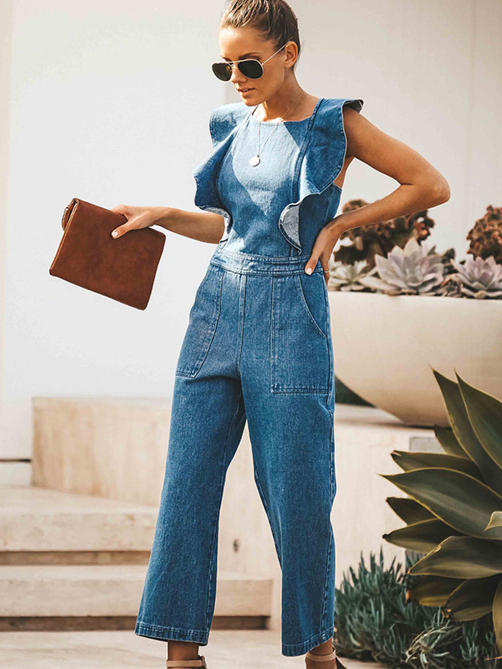 Veleaee O Neck Flouncing Denim Jumpsuit