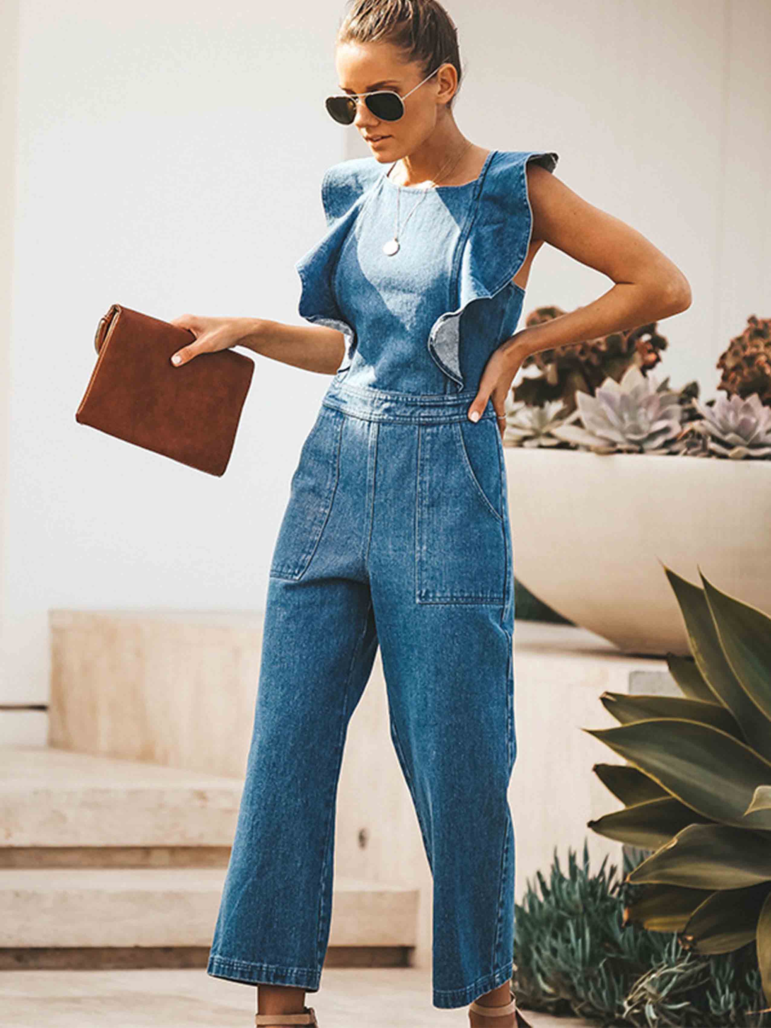 Veleaee O Neck Flouncing Denim Jumpsuit