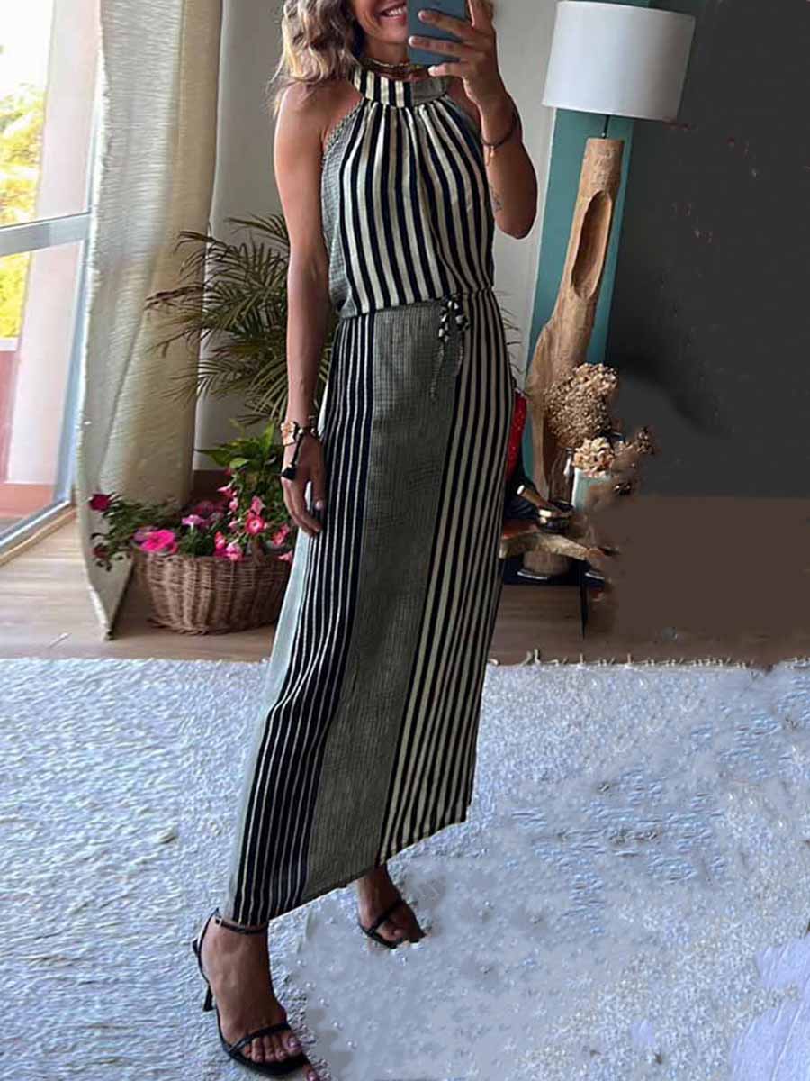 Veleaee Sleeveless Round Neck Striped Dress