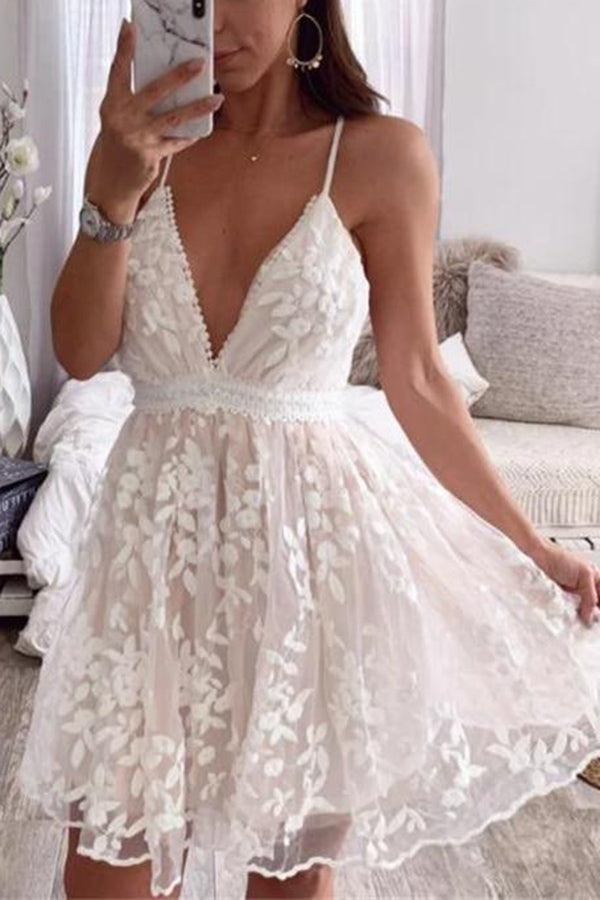 Veleaee V-Neck Lace Embroidered White Dress