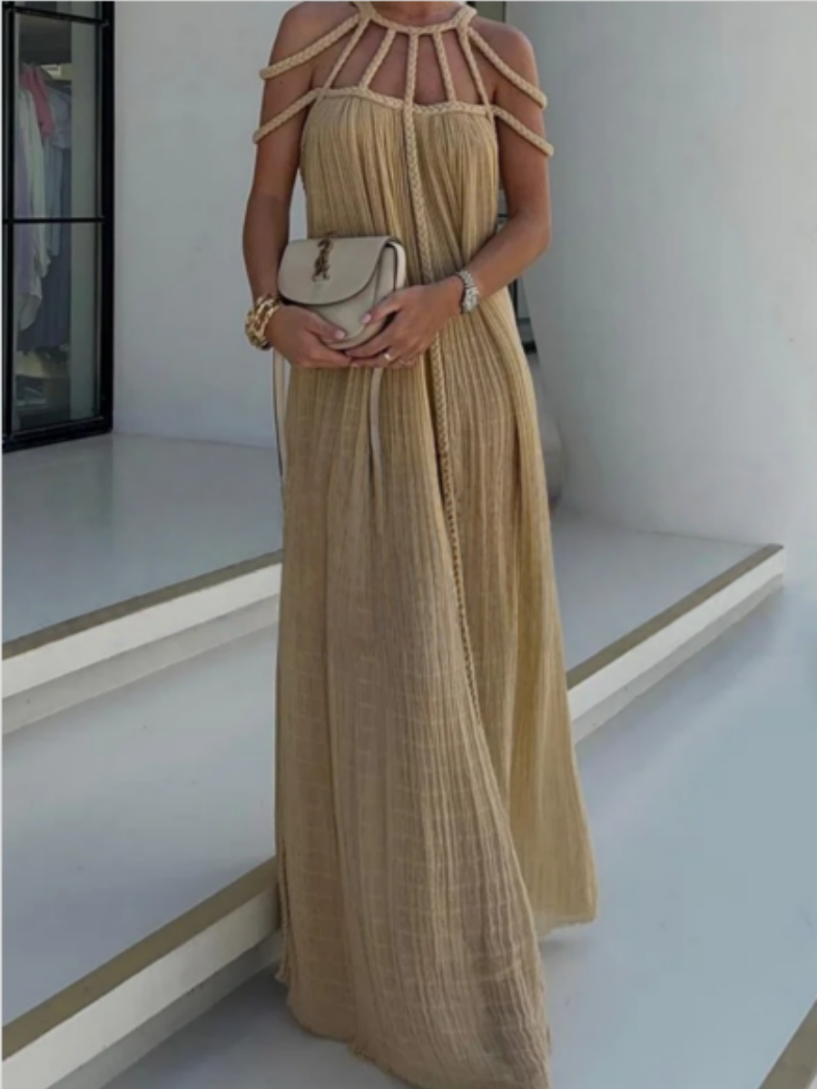 Veleaee Modern and Sophisticated Linen Blend Draped Braids Cover Up Maxi Dress