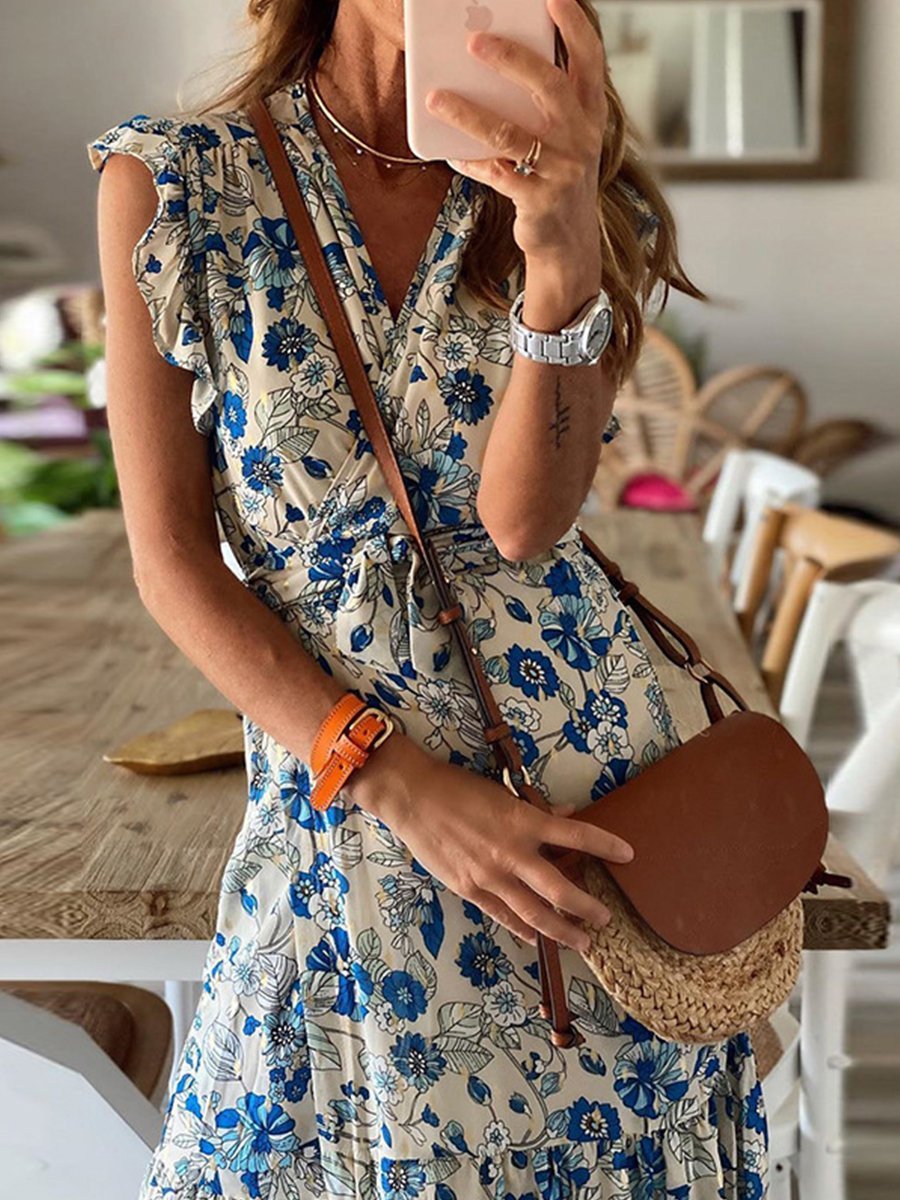 Veleaee Floral Lotus Sleeve Dress