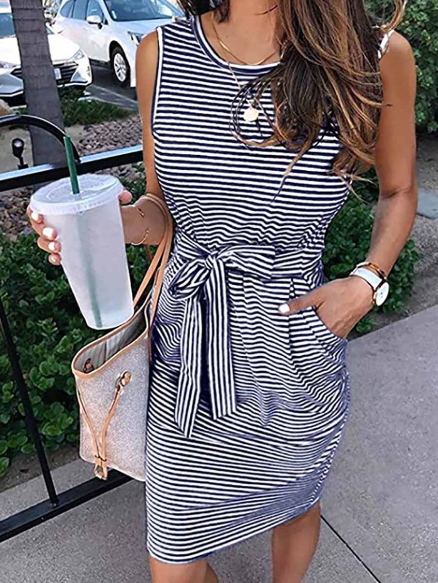 Veleaee Sleeveless striped lace-up dress (7 colors)