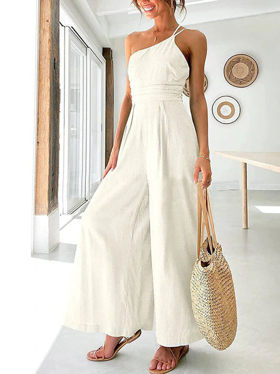 Veleaee Chic Journey One Shoulder Straps Wide Leg Jumpsuit（8 colors）