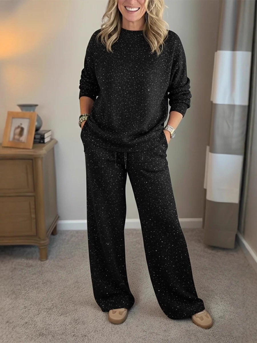 Veleaee 🎄 New Arrivals🔥 Cozy Travel Crew Neck Shiny Sweatshirt and Pant 2 Piece Sets