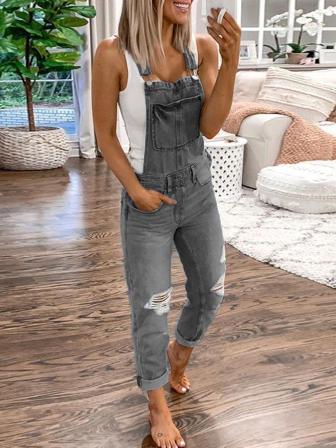 Veleaee Plain Denim Ripped Jumpsuit