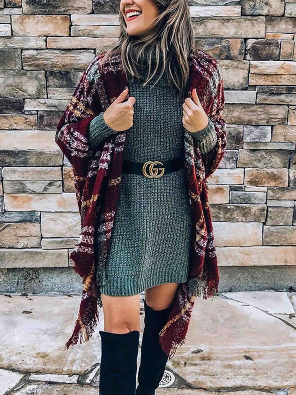 Veleaee Plaid Fringed Knit Shawl Coat