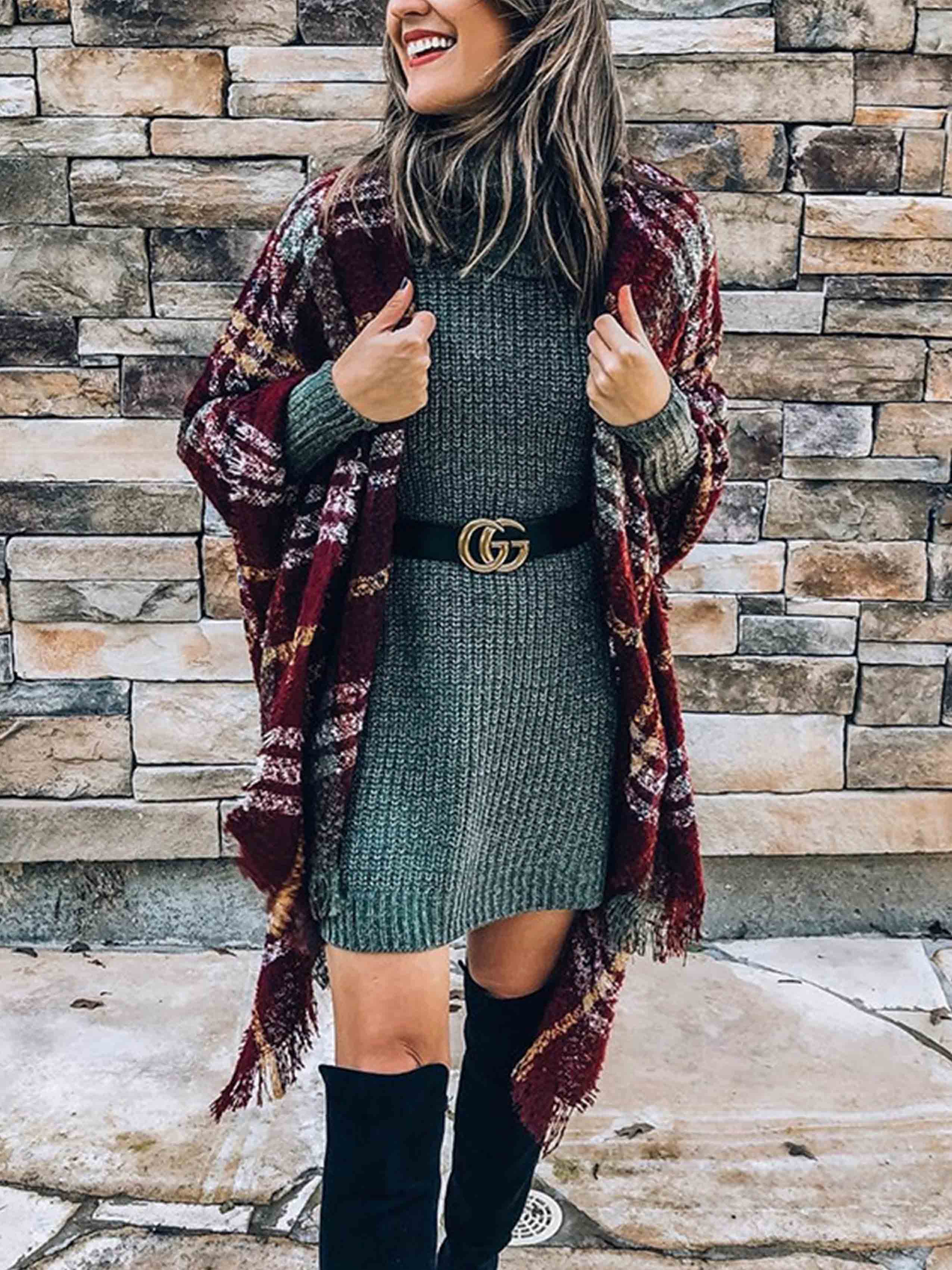 Veleaee Plaid Fringed Knit Shawl Coat