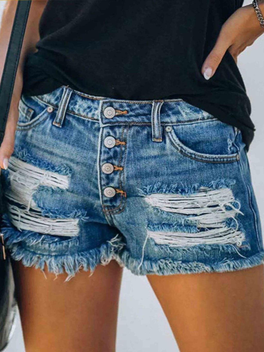 Veleaee Ripped Print Denim Shorts