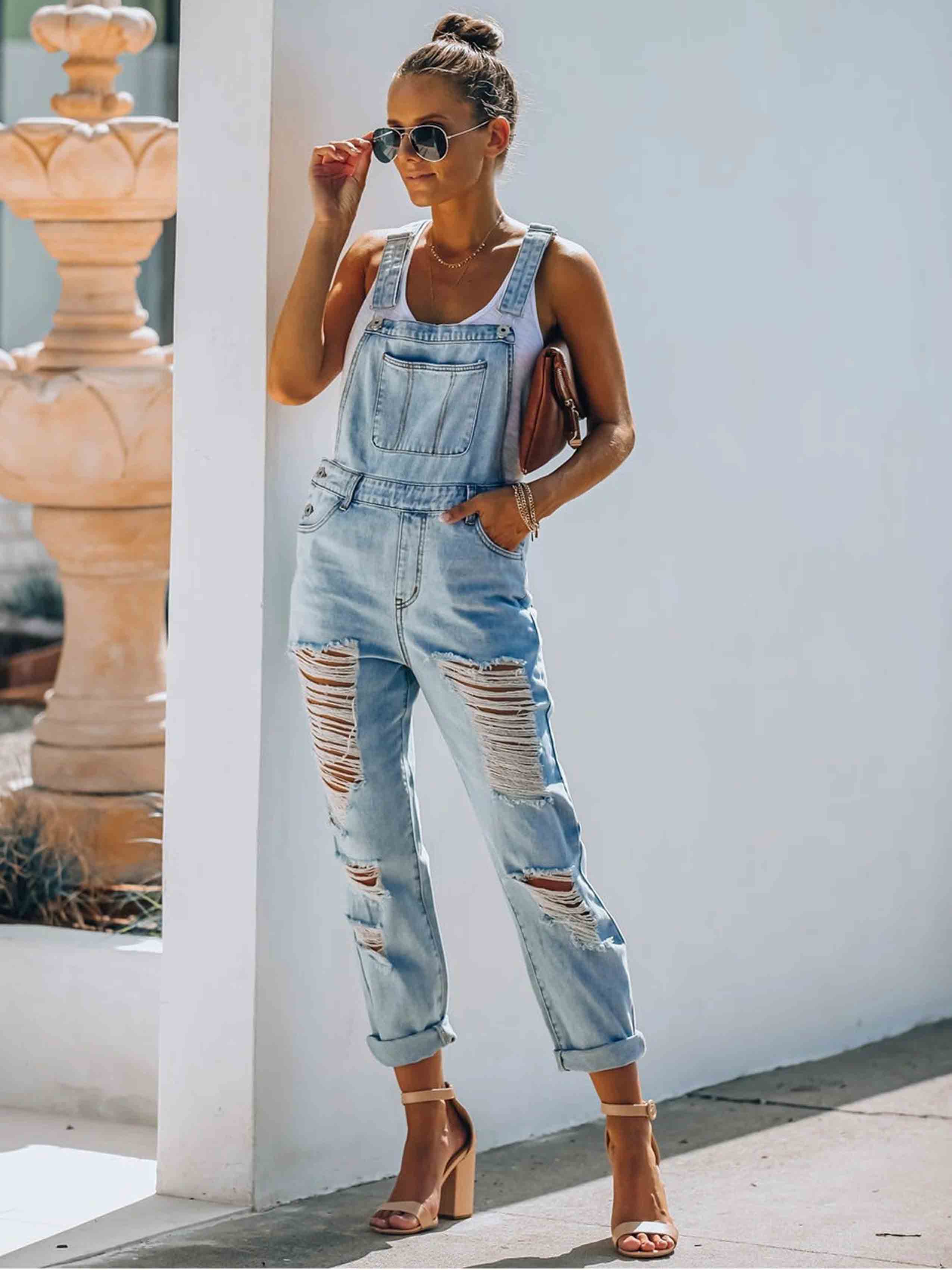 Veleaee Ripped Denim Jumpsuit
