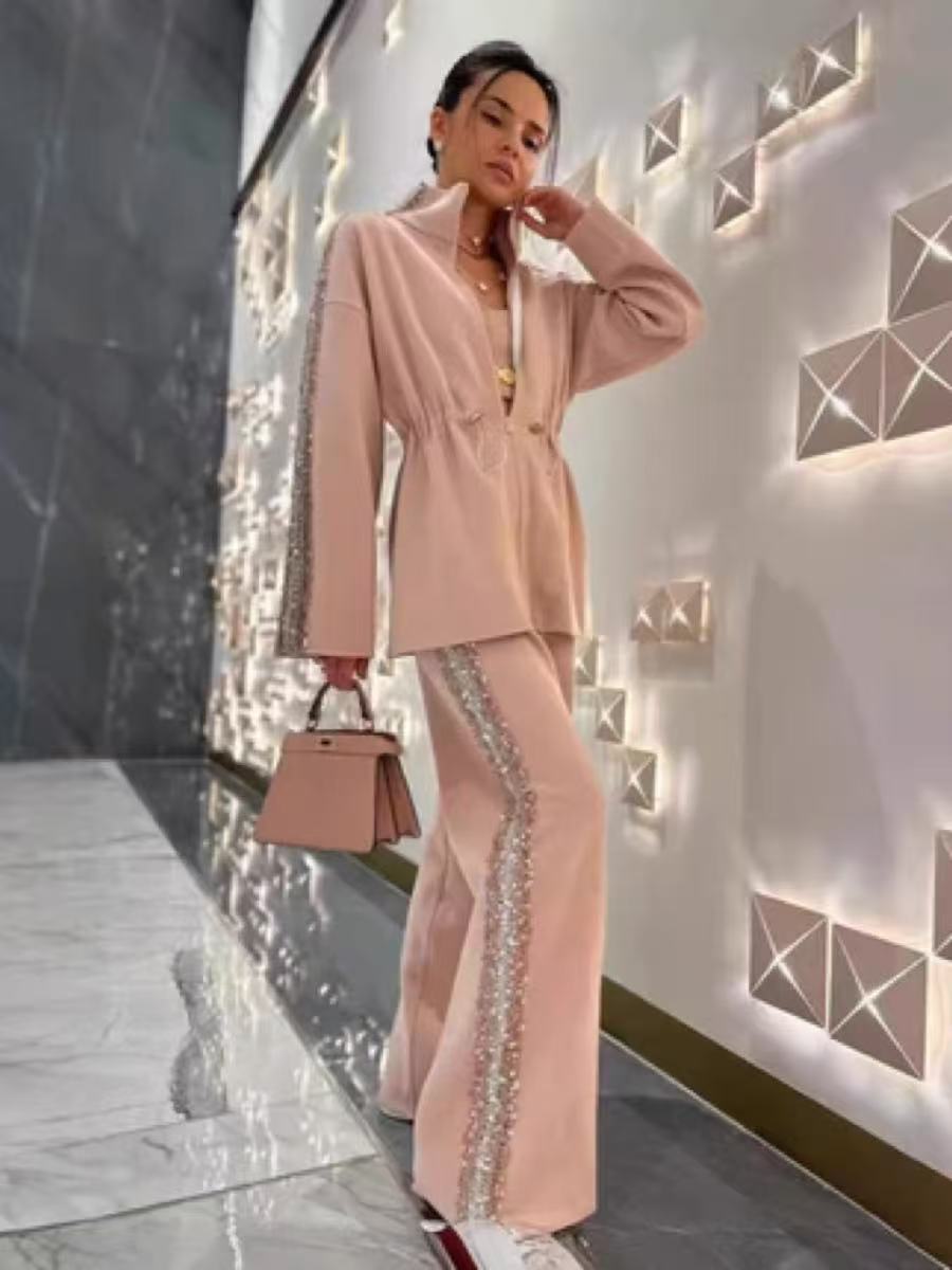 Veleaee Elegant Sequin-Trimmed Top and Wide-Leg Pants 2-Piece Set