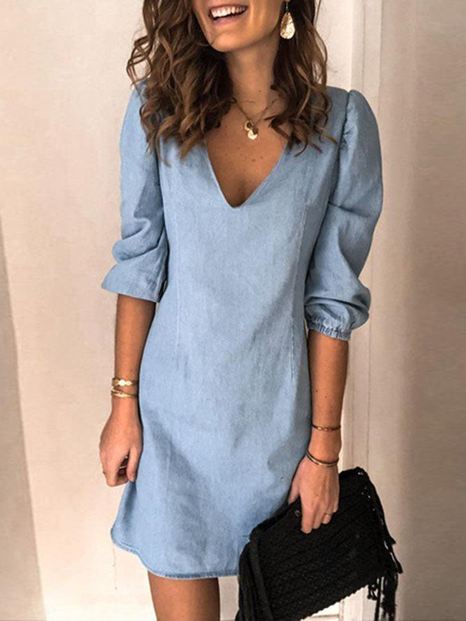 Veleaee V-neck Half Sleeve Denim Mini Dress