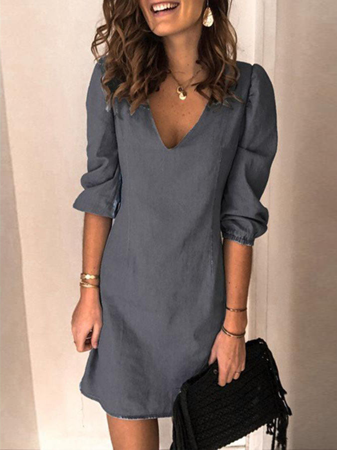 Veleaee V-neck Half Sleeve Denim Mini Dress