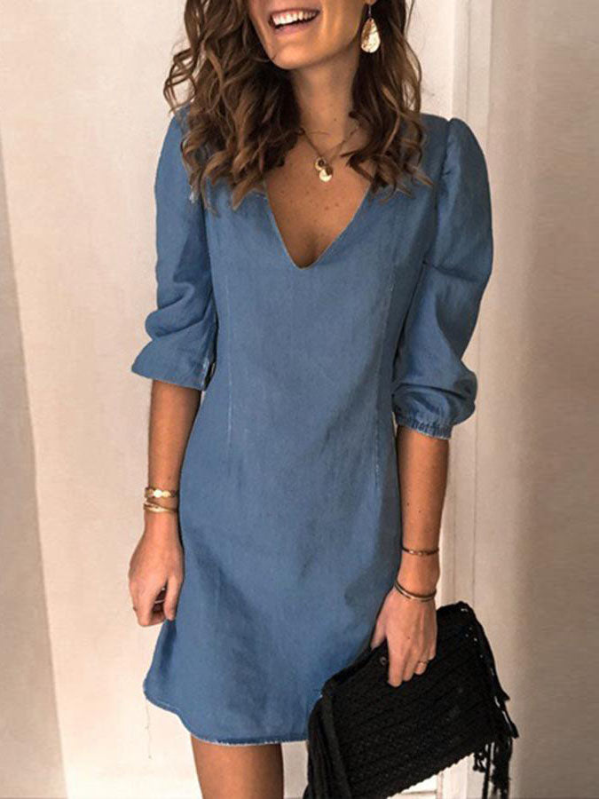 Veleaee V-neck Half Sleeve Denim Mini Dress